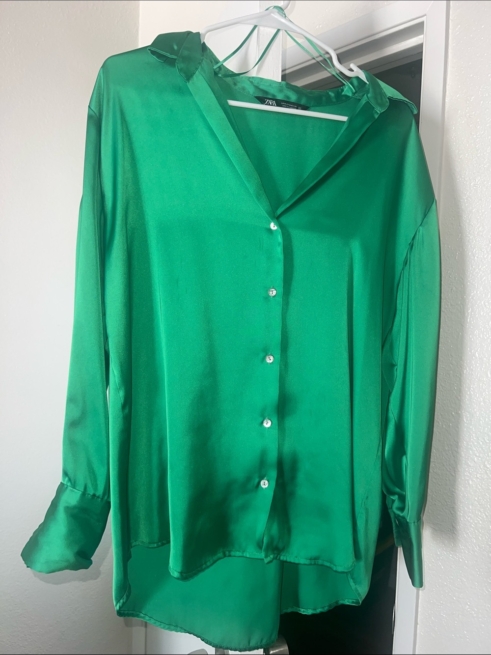 Zara Emerald Green Satin Button-Down Shirt